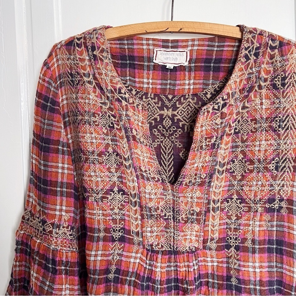 Johnny Was Red Plaid Embroidered Peasant Blouse - Picture 4 of 13